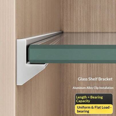 2개 알루미늄 합금 유리 선반 브래킷, 긴 직사각형 모양, 조절 가능, 고하중, 못 없이 클립온 설치