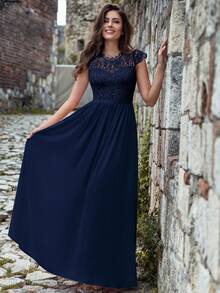 MIUSOL Floral Lace Short Sleeve Chiffon Satin Waist Formal Party Maxi Dress, Elegant Women's Party Gown, Ball Gown, Wedding Guest Dress, Graduation Ceremony Dress, Evening Gown Summer - Navy Blue - View 2