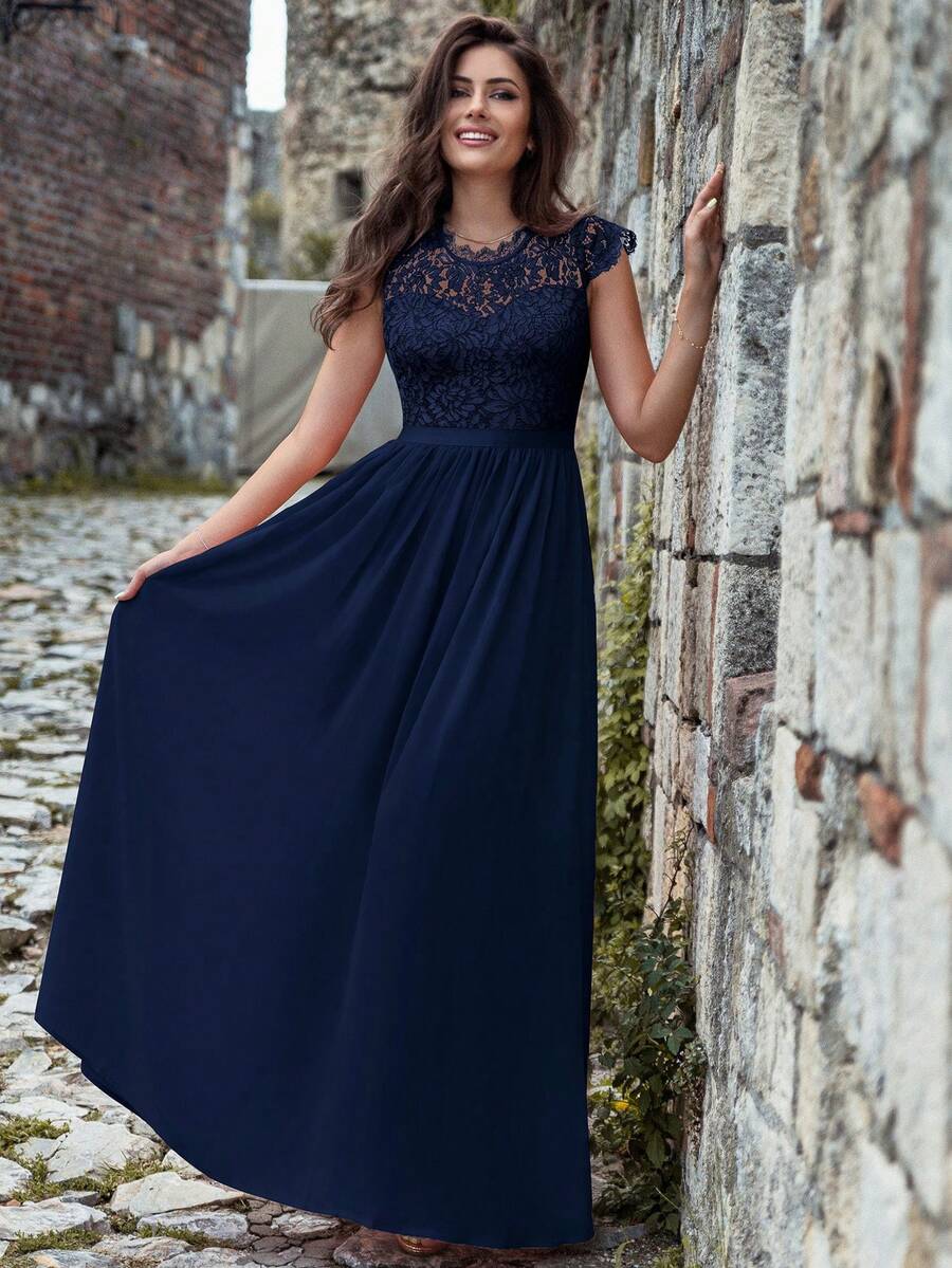 MIUSOL Floral Lace Short Sleeve Chiffon Satin Waist Formal Party Maxi Dress, Elegant Women's Party Gown, Ball Gown, Wedding Guest Dress, Graduation Ceremony Dress, Evening Gown Summer