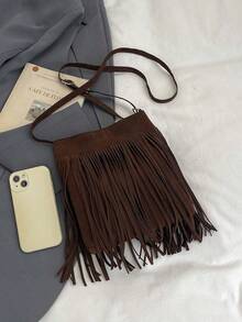 This Retro Bohemian-Style Square Bag Features A Unique And Fashionable Design With Tassel Embellishments, Making It An Ideal Choice For Autumn And Winter. Casual And Simple, It Can Be Worn Over The Shoulder Or Crossbody, Making It Versatile And Practical For Various Occasions Such As Outings, Travel, And Parties. (Includes A Heart-Shaped Charm) - Tassel Messenger Bag + Pendant - View 8