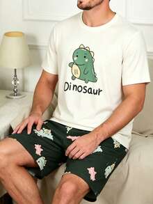 Men's Cartoon Dinosaur Print Short Sleeve Shorts Pajama Set, Summer - Multicolor - View 3