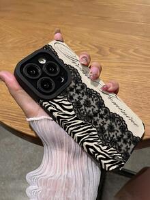 1个复古黑色蕾丝斑马纹英文竖款仿皮手机壳，防刮耐磨，优雅柔软，适合作为生日、节日礼物送给朋友、家人、情侣，适用于 17/17 Air/17 Pro/17 Pro Max、16/16 Plus/16 Pro/16 Pro Max、15/15 Plus/15 Pro - 彩色 - 查看 5