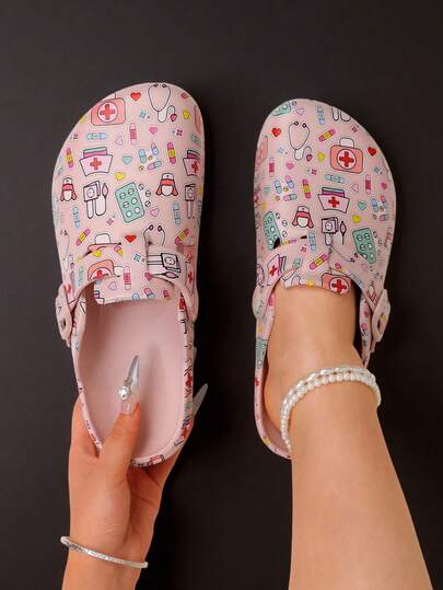 pueenb Women's Fashion Cartoon Print Closed Toe Shoes, Wooden Clog-Style All-Season Work Shoes, Lightweight Flat Perforated Shoes, Comfortable Soft Soles, Adjustable Buckle Closure, Closed Toe Design, Suitable For Beach, Garden And Autumn Wear