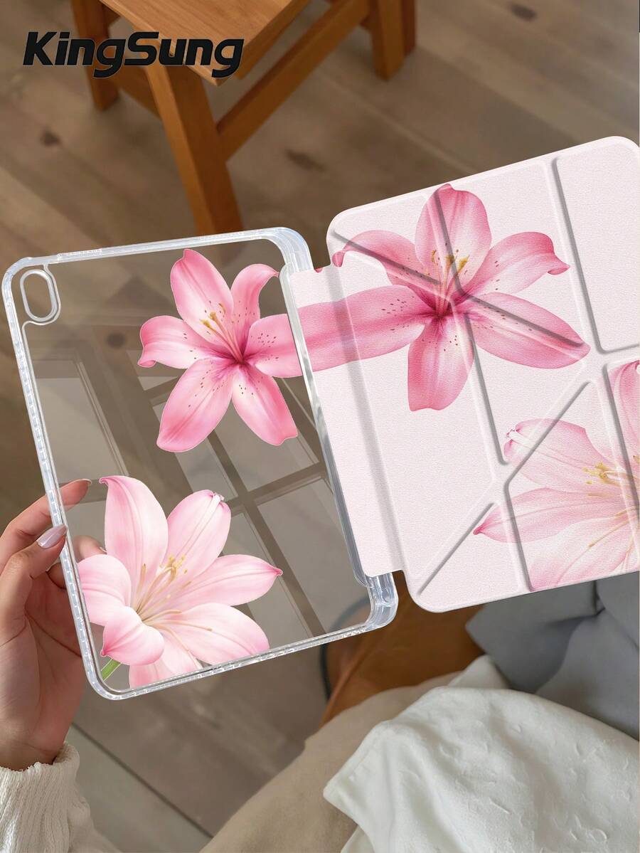 Kingsung Casing Pelindung Tablet Akrilik Transparan Dua Sisi Lipat Berbentuk Y dengan Motif Bunga, Cocok untuk Tablet /Mini6/7/9.7/10.2/10.5/10.9/12.9/Pro 11, Generasi ke-10, Casing Pelindung Mendukung Penyesuaian Multi-Sudut, 6 Mode Penempatan Stand, Slot Pena Terintegrasi, Pelat Belakang Transparan, Perlindungan Anti-Jatuh, Bangun/Tidur Otomatis