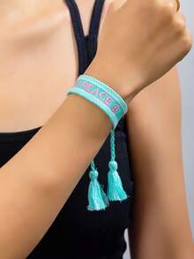 1pc Fashionable Embroidered Letter Handmade Woven Bracelet, Gift For Friends - Cadet Blue - View 5