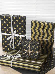 12pcs 35*50cm Black & Gold Gift Wrapping Paper, Polka Dot/Stripe/Snowflake Pattern, Floral Bouquet Packaging, Flower Arrangement Supplies, Gift Wrapping Paper, DIY Gift Packaging And Decoration, Suitable For Graduation Ceremony, Graduation Celebration, Birthday Party, Anniversary, Back To School Season - Multicolor - View 2