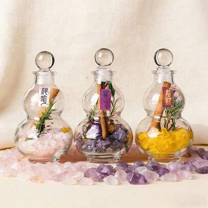 1个天然水晶许愿瓶，配有漂浮葫芦、魔法能量疗愈石、灵性灵气装饰品，内含原石碎屑
