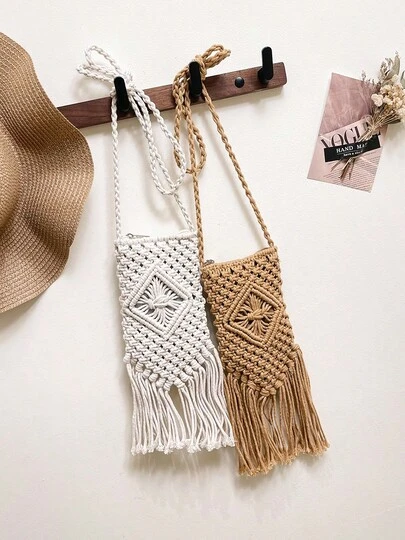 Rhombus Woven Tassel Zipper Closure Bohemian Style Phone Bag, Vacation Beach Crossbody Crochet Small Pouch