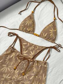 Bikinx Bộ bikini hai mảnh kiểu Boho dệt kim móc cổ yếm và quần short có dây rút dành cho nữ. - màu nâu - Xem 1