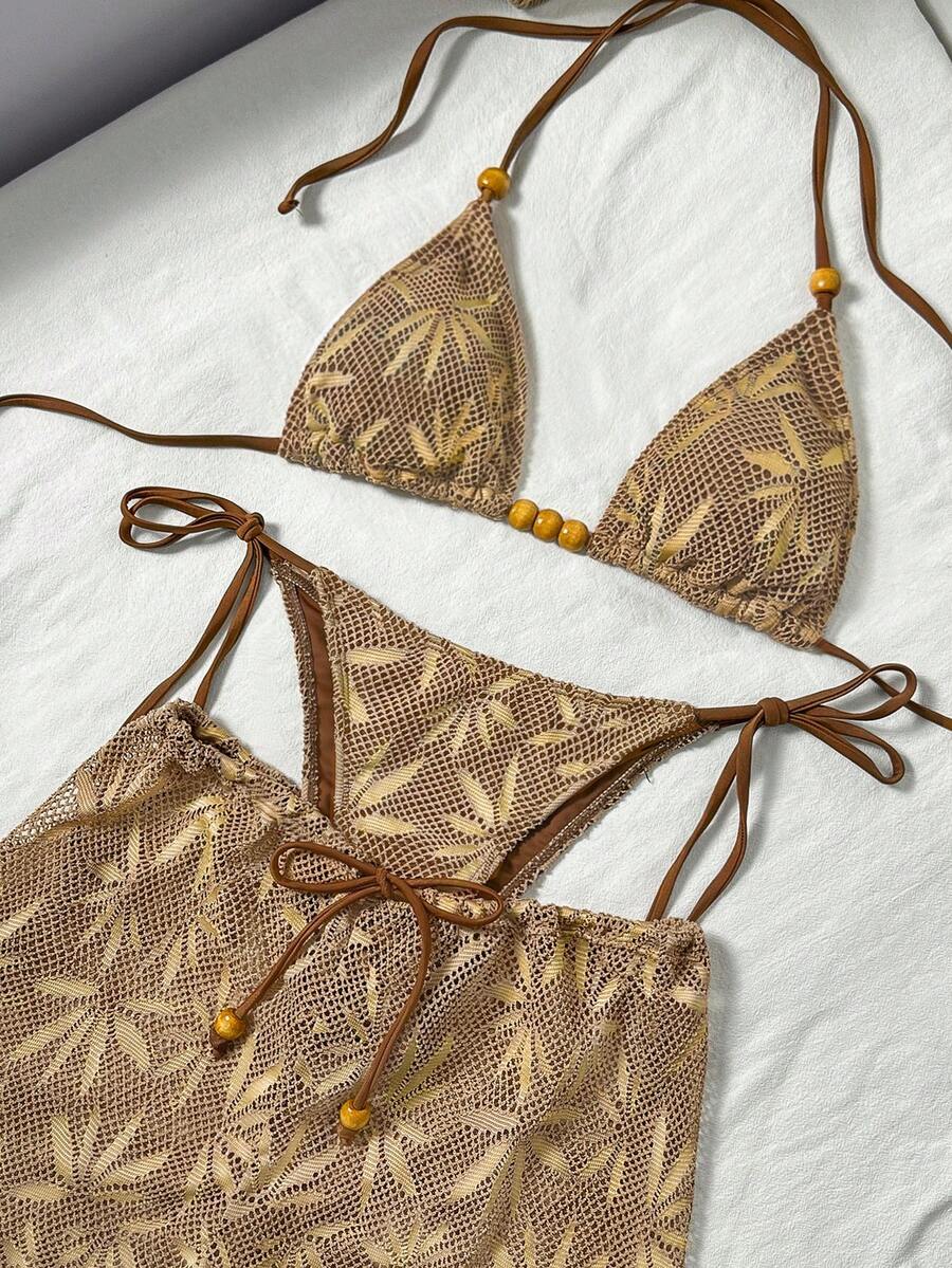 Bikinx Bộ bikini hai mảnh kiểu Boho dệt kim móc cổ yếm và quần short có dây rút dành cho nữ. - màu nâu - Xem 1