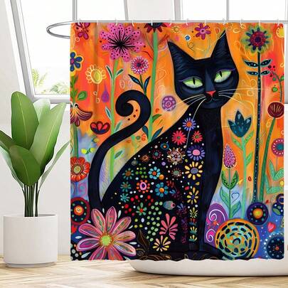 1 Piece / 2 Pieces Oil Painting Floral Cat Pattern Bath Shower Curtain Set, Bath Curtain Set Includes U-Shaped Curtain, Toilet Seat Covers, 12 Hooks. 70.87 X 70.87 Inches Curtain, Exotic Animals, Halloween Decorations.