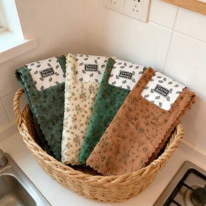 4pcs/Set Colorful Floral Dishcloths, Quick Dry Cleaning Rags, 11.8*11.8inch, Super Soft & Breathable, Suitable For Bathroom, Dish Mats, Washing Dishes & Glasses, Reusable Household Towels