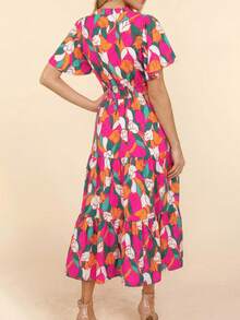 Acelitt Bohemian Style Rose Print Short Sleeve Low Waist Maxi Dress Vacation Elegant Summer - Multicolor - View 2