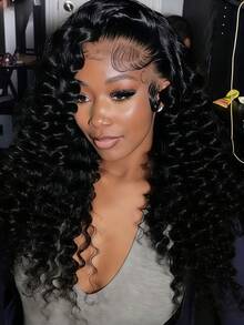 13x4 HD Loose Deep Wave Lace Front Wigs Human Hair Natural Black Pre Plucked With Baby Hair Wigs Brazilian Human Hair  With Baby Hair Nature Black Glueless Frontal Wigs Curly Frontal Wigs Human Hair  With Baby Hair Nature Black Christmas Gifts - Natural Black - 查看 6