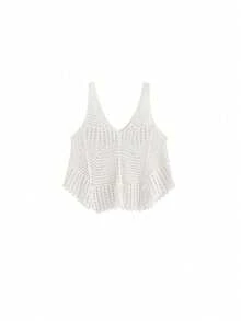 Solid Color Hollow Out Scoop Neck Casual Fashionable Knit Vest For Summer White - White - View 6