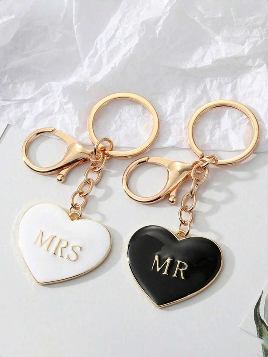 1 Móc khóa hình trái tim đen trắng bằng hợp kim đơn giản, cá nhân hóa, kiểu dáng đôi, quà tặng ngày Valentine, chữ "Mr" (Ông/Bà), mặt dây chuyền hình trái tim. - Nhiều màu - Xem 1