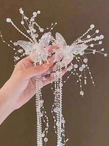 Kẹp tóc tua rua hình bướm pha lê, hoàn hảo cho kiểu tóc cô dâu, chụp ảnh lễ hội hoặc làm phụ kiện đội đầu thanh lịch cho Halloween, mùa hè, bãi biển, đám cưới. - trắng - Xem 5