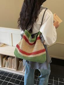 Black & White Zebra Stripe Shoulder Strap Woven Bag, Relaxed Vibe Vacation Beach Casual Shoulder Bag, Versatile Everyday Commute Shopping Tote, Woven Bag For Beach Trip, Student - Green - View 8