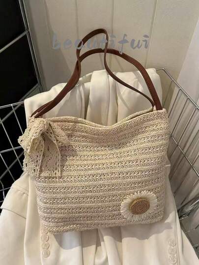 Chic Sunflower Woven Tote Bag, 2025 New Arrival Fashion Shoulder Bag, Korean Style Beach Woven Handbag For Women, Beach Necessities, Beach Essentials,Beach Stuff & Summer Essentials, Newest Holiday Bag ,Vacation Essentials, Vacation, Woven Bag, Lace