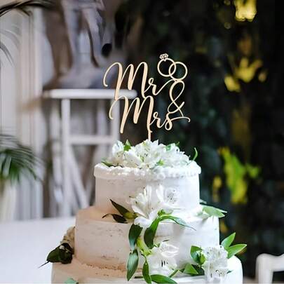 5pcs Pc Wooden Wedding Cake Topper1pc Mr & Mrs Wedding Cake Topper Wooden Cake Decoration For Wedding, Engagement, Couple Anniversary Decor, Wedding Supplies