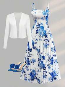 Women's Elegant Floral Print Pleated Waist Ruffle Hem Dress With Knit Cardigan Set, Suitable For Date, Valentine's Day, Casual Holiday Spring Vacation - 紫色 - 查看 1