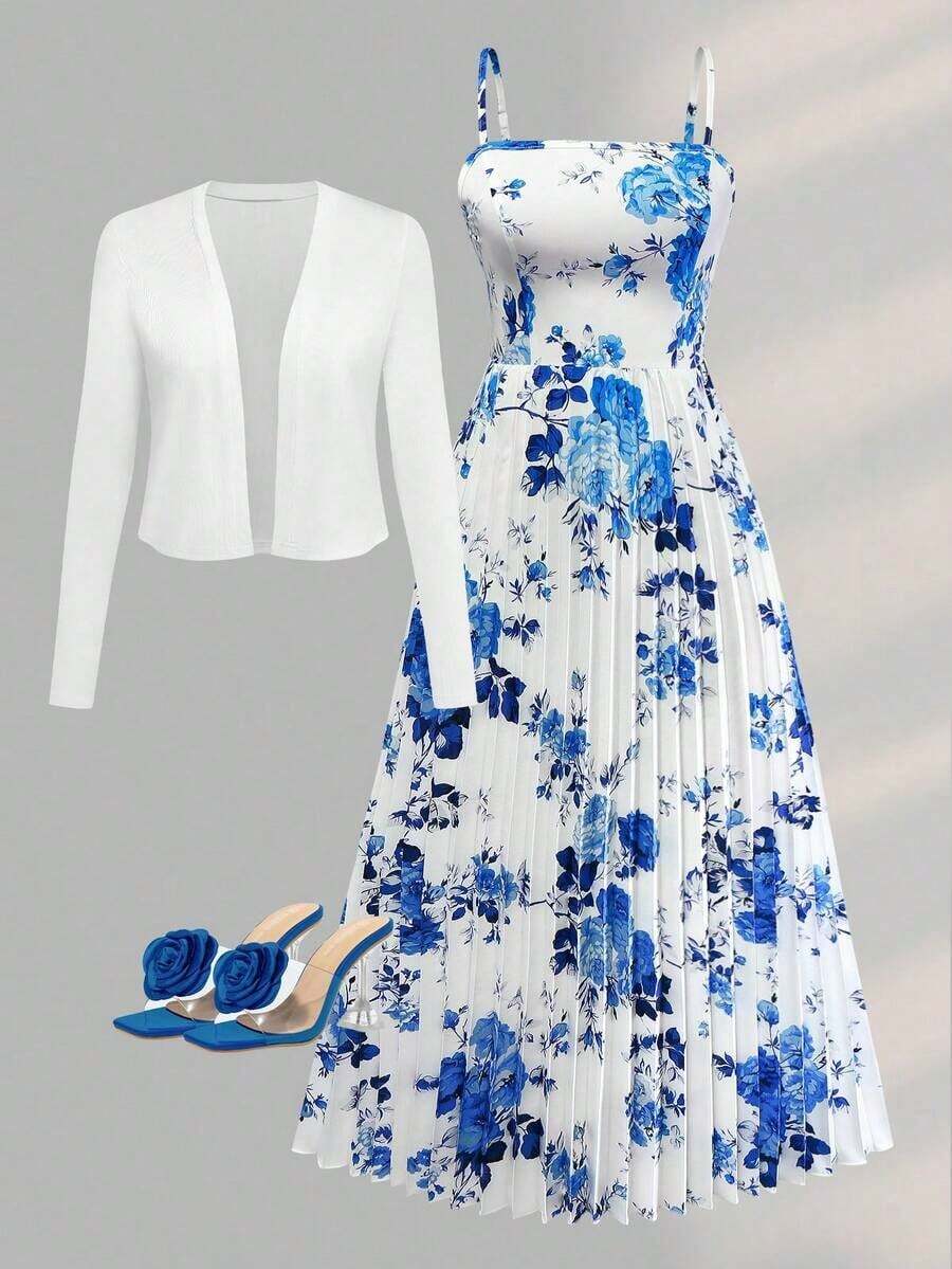 Women's Elegant Floral Print Pleated Waist Ruffle Hem Dress With Knit Cardigan Set, Suitable For Date, Valentine's Day, Casual Holiday Spring Vacation - 紫色 - 查看 1
