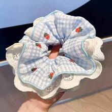 1pc Sweet Blue Plaid Strawberry Cherry Slim Waist Scrunchie For Women, Large Lace Style High Elasticity Hair Rope Hair Accessory - Hồng - Xem 2