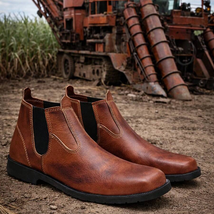 Men's Reinforced Leather Work Boot, Country Style, Cowboy Boot, Durable Tire Sole. - 棕色 - 查看 1
