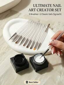 11件套专业美甲工具套装：9支美甲笔 + 2瓶（5克）黑白美甲凝胶，适用于细线、法式美甲和精细图案，新手友好型多功能美甲工具套装。（需配合UV美甲灯使用） - 彩色 - 查看 9