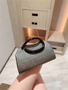 1个复古蛇皮纹手拿包，欧美时尚金属装饰迷你盒式派对手提包，闪亮金属饰边女士晚宴包，优雅奢华，适合正式场合、派对、婚礼、舞会、晚宴等。 - 灰色 - 查看 8