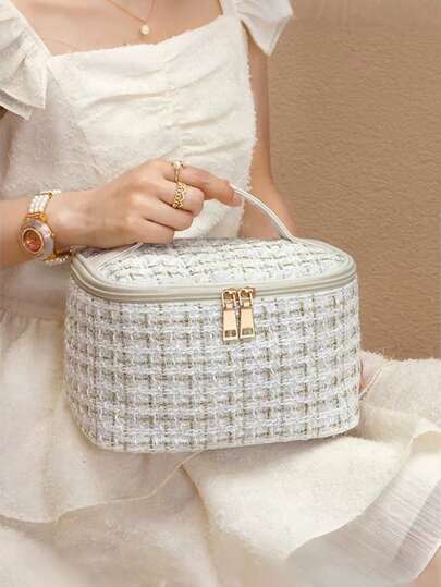 1 pezzo Grande borsa cosmetica a quadri, borsa per trucchi in seta dorata profumata, borsa da toilette casual, essenziale da viaggio, essenziale per crociere, essenziale per il dormitorio, regalo di Natale, stile bohémien