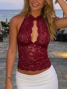 Women's Y2k Floral Lace Sheer Tank Tops Solid Color Sleeveless Mock Neck Cut Out Fitted Camisole Summer Vintage  Cami Tops Aesthetic Clothes Going Out Streetwear - 酒紅色 - 查看 1