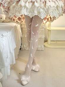 1 đôi quần tất nữ siêu mỏng in hình lông vũ, kiểu dáng thời trang Lolita đường phố Y2K, dành cho nữ. - màu đen - Xem 4