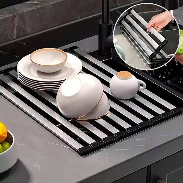 1 cái giá để ráo nước bồn rửa nhà bếp bằng thép không gỉ có thể gập lại - Thiết kế cuộn lại chống gỉ, kiểm soát độ ẩm hiệu quả, thích hợp để làm khô bát đĩa và rau củ, giá để chén đĩa