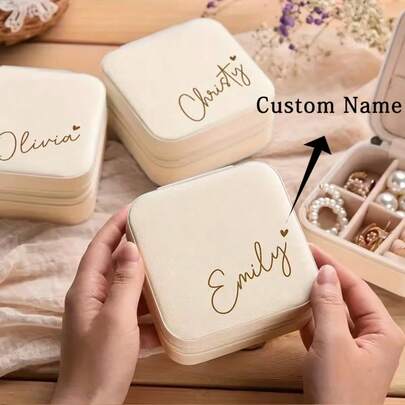 Personalized Handwritten Name Heart Design Jewelry Box - Custom Beige Fabric Lined Travel Organizer With Zipper Closure & Soft Padding - Bridesmaid Proposal Gift, Mother's Day Birthday Gift, Women's Jewelry