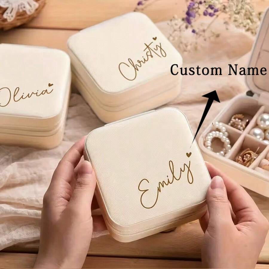 Hộp đựng trang sức hình trái tim viết tay cá nhân hóa - Hộp đựng đồ du lịch lót vải màu be tùy chỉnh với khóa kéo và lớp đệm mềm - Quà tặng cầu hôn cho phù dâu, quà tặng Ngày của Mẹ, quà sinh nhật, quà tặng trang sức cho nữ - Nhiều màu - Xem 1