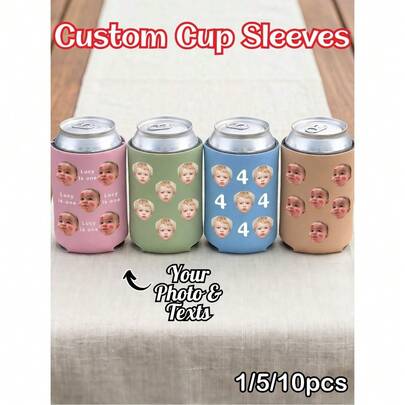 1/5/10pcs Custom Baby Face Photo Can Cooler Sleeves, Personalized Picture & Text Neoprene Beer Can Insulators, High-Quality Insulated Drink Coolers, Multiple Colors Available, Perfect For 1st Birthday, Baby Shower, Easter, Mother's Day, Father's Day, Wedding, Ideal For Family Gifts, Party Favors, Beer Can Cooler & Daily Use