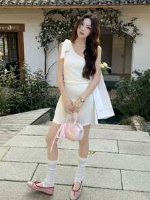 新款春夏女士性感不对称系带修身连衣裙 - 杏色 - 查看 4