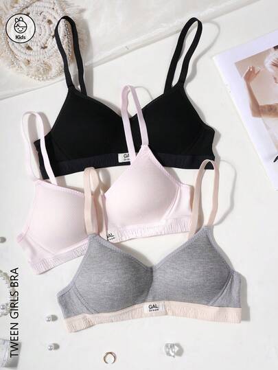 3pcs Tween Girls Ribbed Triangle Cup Wireless Bra, Comfortable And Skin-Friendly For Teen Girls, Suitable For Girls In Puberty, 13-16 Years Old.