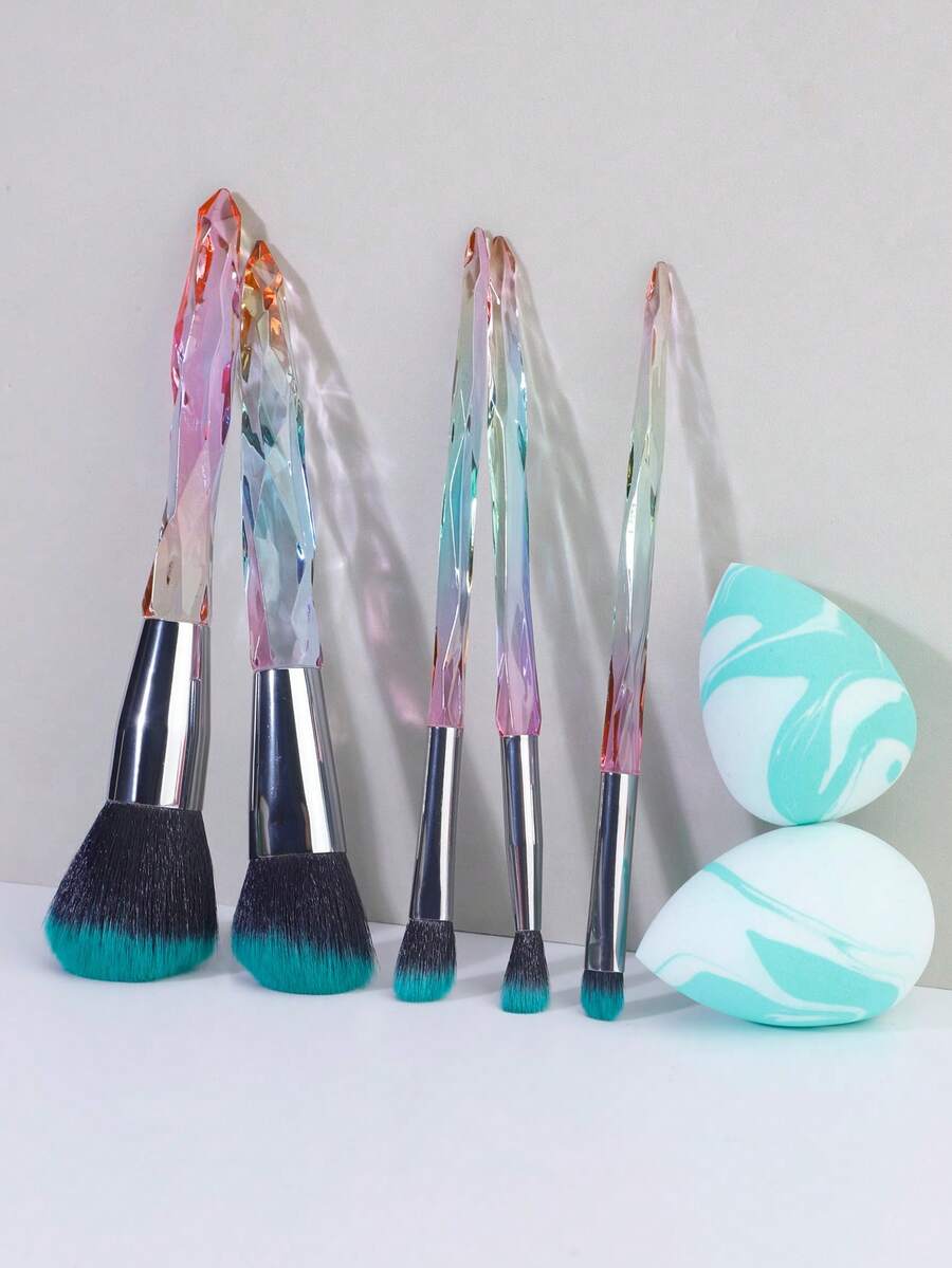 7件套水晶风格化妆刷套装，包含散粉刷、粉底刷、眼影刷、腮红刷等专业化妆刷套装工具 - 彩色 - 查看 1