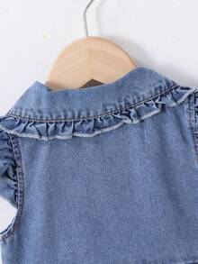 Girls' Denim Collar Ruffle Sleeve Button Down Dress, Baby GirlCute Dual Bow Pocket Decor Denim Skirt - Medium Wash - View 7