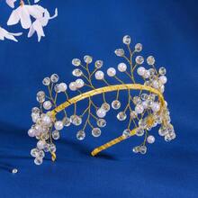 1件优雅欧美新款串珠发箍，新娘婚礼派对配饰，梦幻珍珠水晶发箍 - 金色 - 查看 2