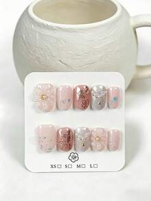 10pcs Handmade 3D Floral Nail Art Stickers, Transparent Flower Design With Pearl Decor, Reusable Nail Accessories, Suitable For Women And Girls, Party, Wedding, Daily Wear, DIY Manicure, Includes Tools Press On Nails - Pink - View 2
