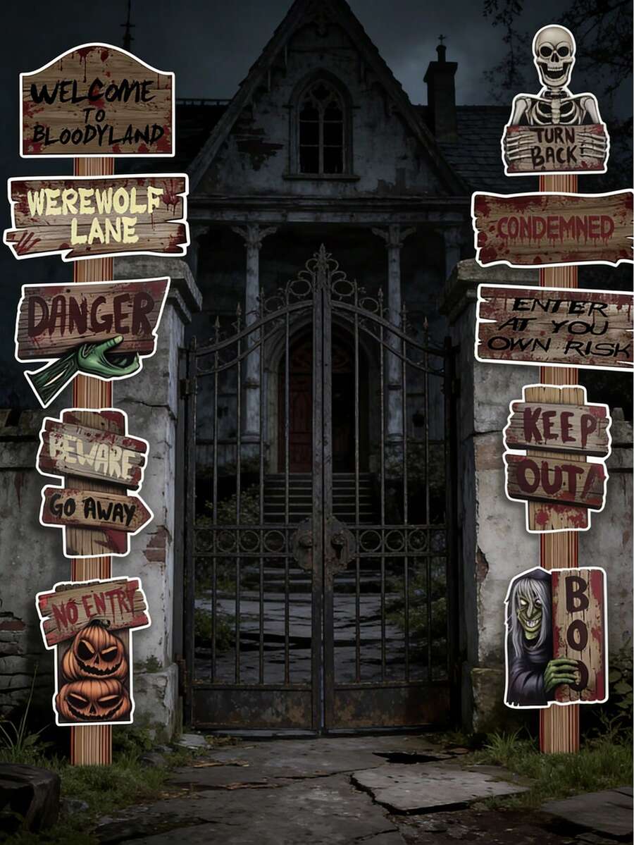 10 piezas Señales de papel con tema de terror para decoración de fondo de fiesta de terror, props de foto, decoraciones de fiesta de casa embrujada, señales de carretera, señales de bienvenida, decoraciones de patio para fiesta de Halloween, decoración interior y exterior, decoración de césped, decoración de casa embrujada, letreros de lema de terror para el patio, decoración de fondo para fiesta de cumpleaños de terror, decoraciones de fiesta de Halloween, señales de entrada, suministros de fiesta de Halloween - miedo - Ver 1
