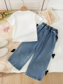 Young Girls 2-Piece Set: Gray Sequin Bow Decor Short Sleeve Top + Wide Leg Denim Pants, Summer - White - View 3