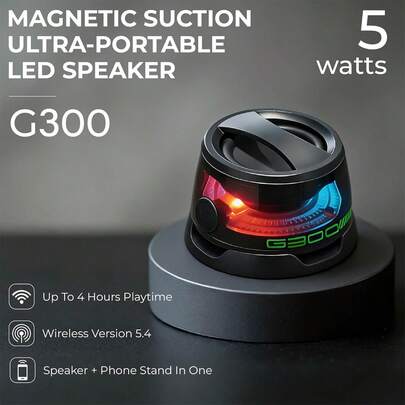 redbeat Magnetic LED Bluetooth Speaker, G300 Mini Portable Wireless Speaker, 40mm Driver Unit, IP54 Waterproof, 6-Hour Playtime, Type-C Charging