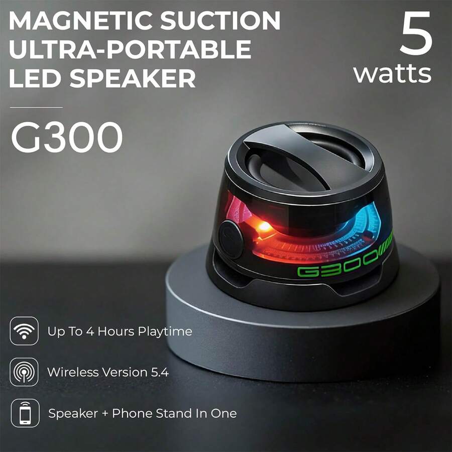 Magnetic LED Bluetooth Speaker, G300 Mini Portable Wireless Speaker, 40mm Driver Unit, IP54 Waterproof, 6-Hour Playtime, Type-C Charging