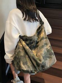 大容量水洗复古迷彩帆布单肩包，简约休闲百搭拉链斜挎包，适合日常使用、上学、短途旅行、街头风格，可折叠拼接慵懒户外露营信使包 - 軍綠色 - 查看 7