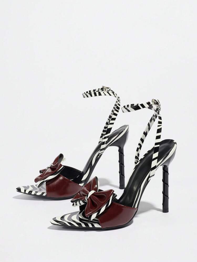 女士高跟鞋，时尚宴会户外派对优雅金属独特螺旋细高跟尖头亮面漆皮绑带双蝴蝶结装饰高品质柔软镜面斑马纹踝带可调节搭扣魅力酒红色正式凉鞋，适合搭配礼服、舞会、派对 - 酒紅色 - 查看 6