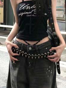 1pc Unisex Solid Color Punk Rock Rivet Sequin Crystal Decor Belt, Suitable For Teenagers, Casual, Outdoor, Sports, Vacation, Travel, Graduation Ceremony, Birthday, Daily Wear AOTJ - 銀色 - 查看 5